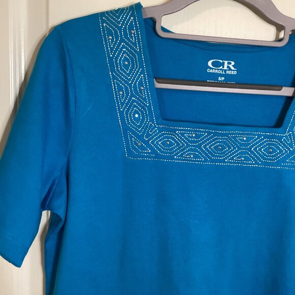 Carroll Reed Women's Blue T-Shirt Top Size S/P Square Shiny Neckline - Picture 2 of 6